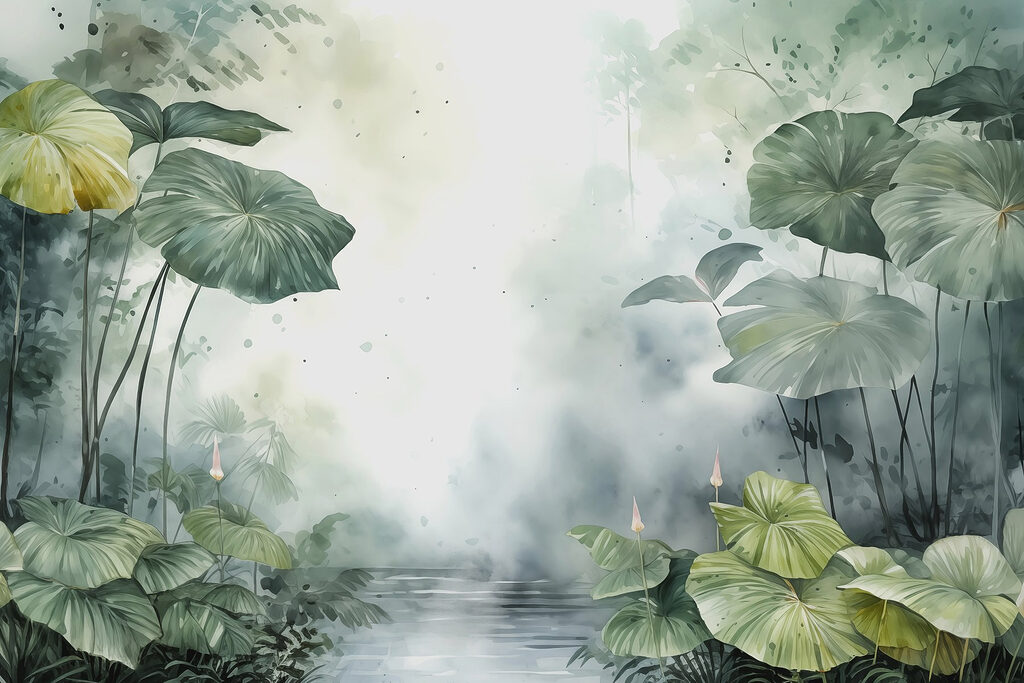 Pintura de um lago com plantas e água Pintura de um lago com plantas e água