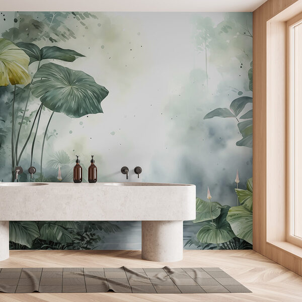 Pintura de um lago com plantas e água Pintura de um lago com plantas e água
