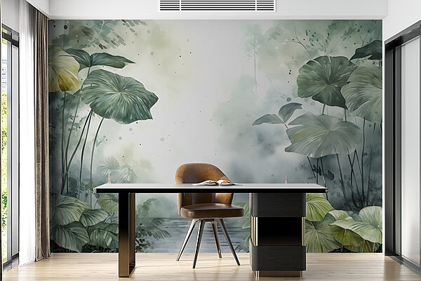 Pintura de um lago com plantas e água Pintura de um lago com plantas e água