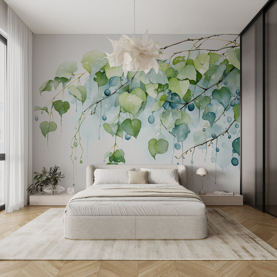 Pintura a aguarela de um ramo com folhas e bagas azuis