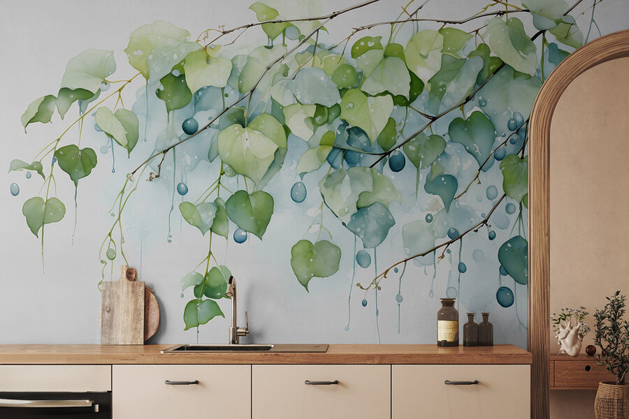 Pintura a aguarela de um ramo com folhas e bagas azuis