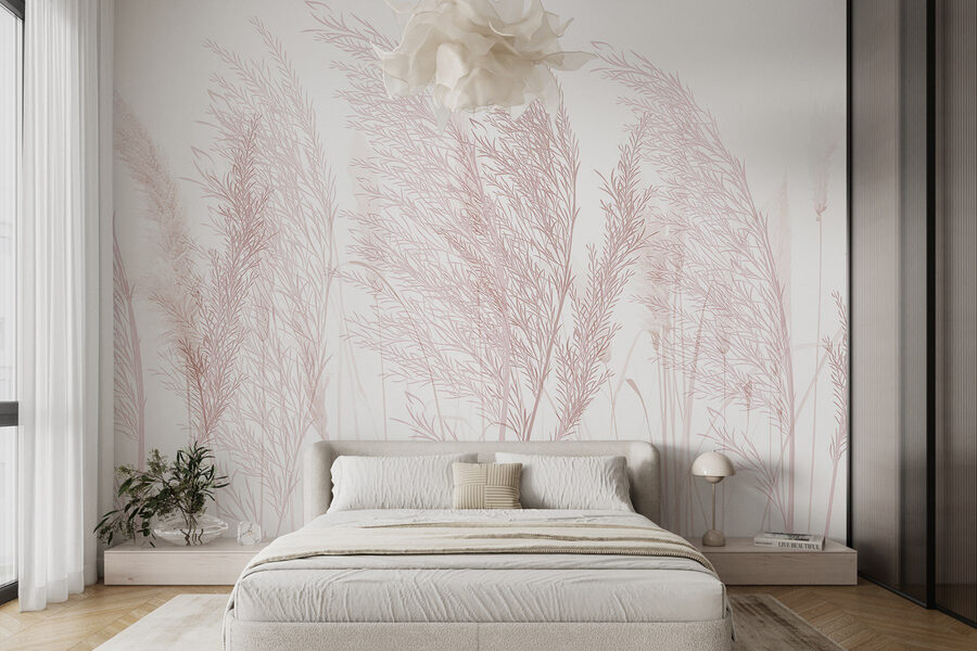 Papel de parede Grupo de relva com flores cor-de-rosa