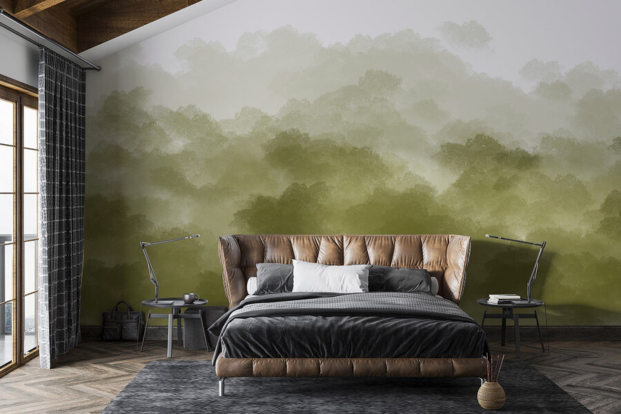 Floresta enevoada com fumo verde