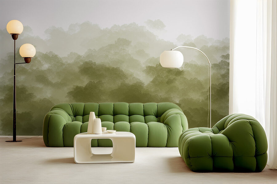 Floresta enevoada com fumo verde