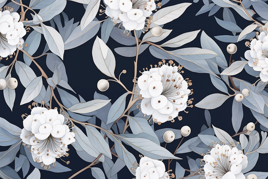 Padrão floral com flores e folhas brancas