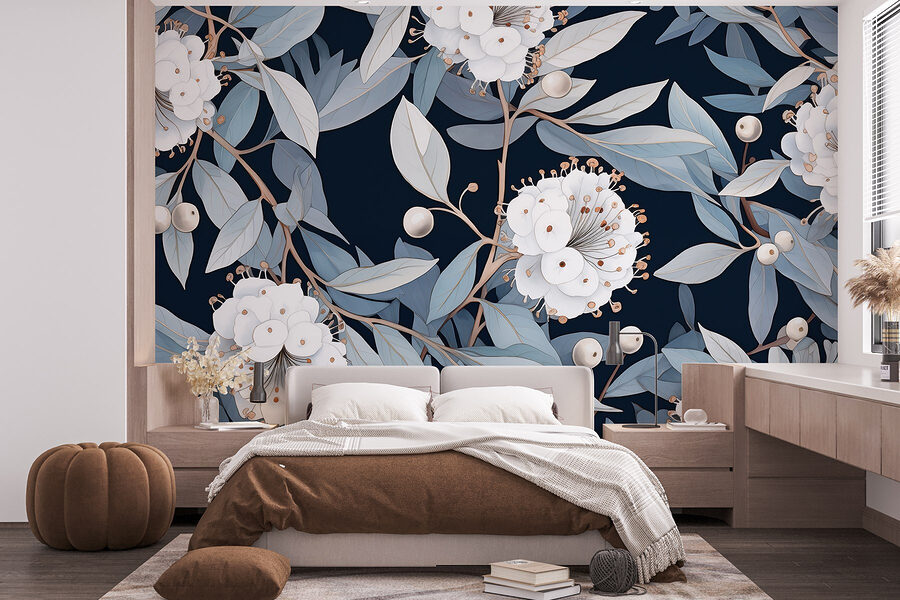 Padrão floral com flores e folhas brancas