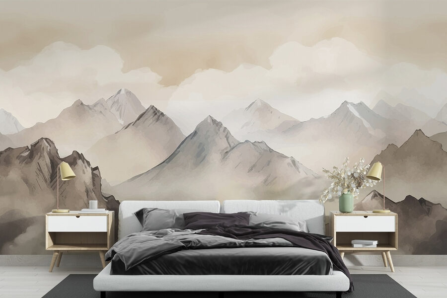 Papel de parede Pintura de montanhas e nuvens