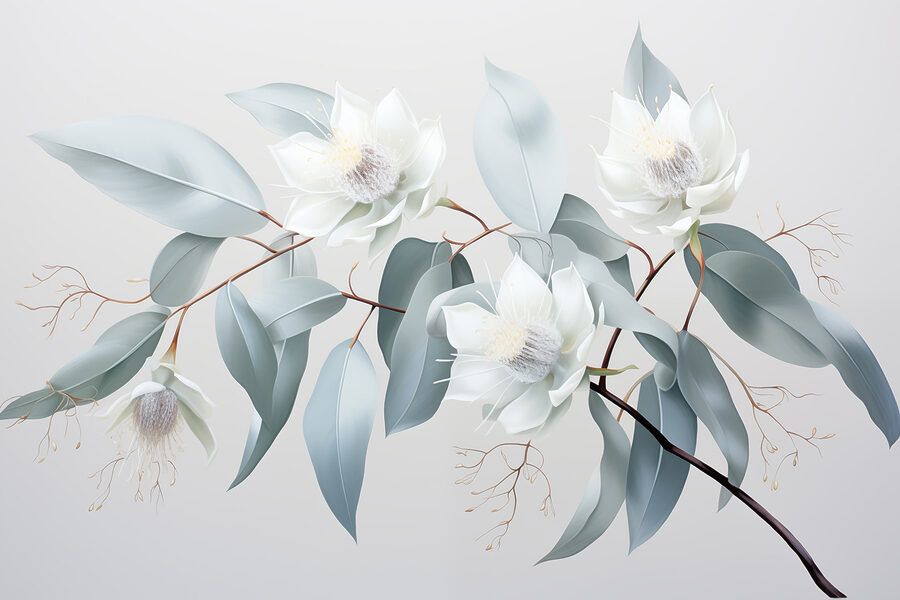 Flores e folhas brancas num ramo