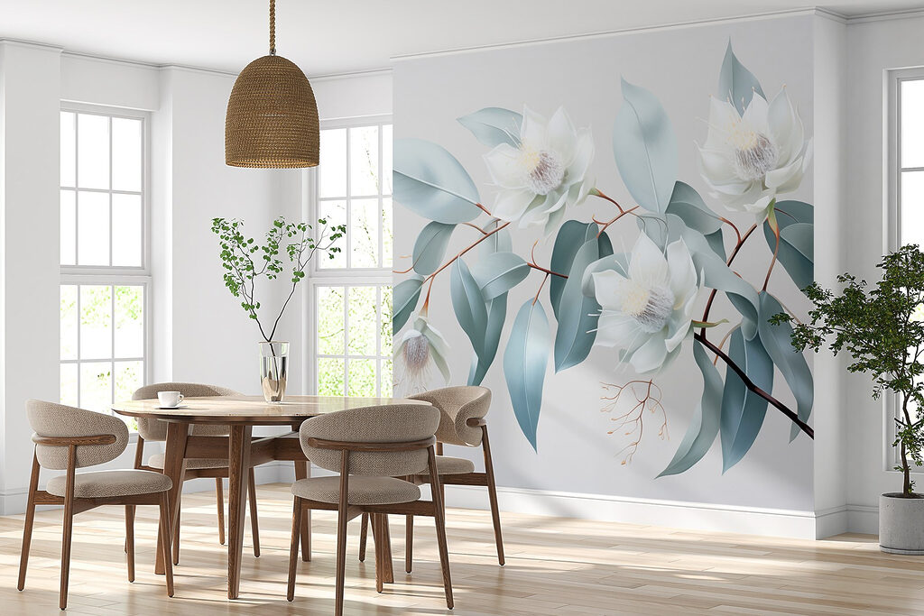 White flowers and leaves on a branch White flowers and leaves on a branch