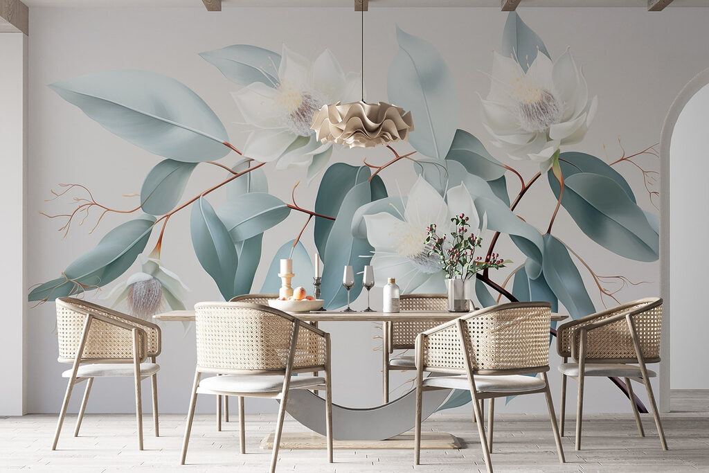 White flowers and leaves on a branch White flowers and leaves on a branch