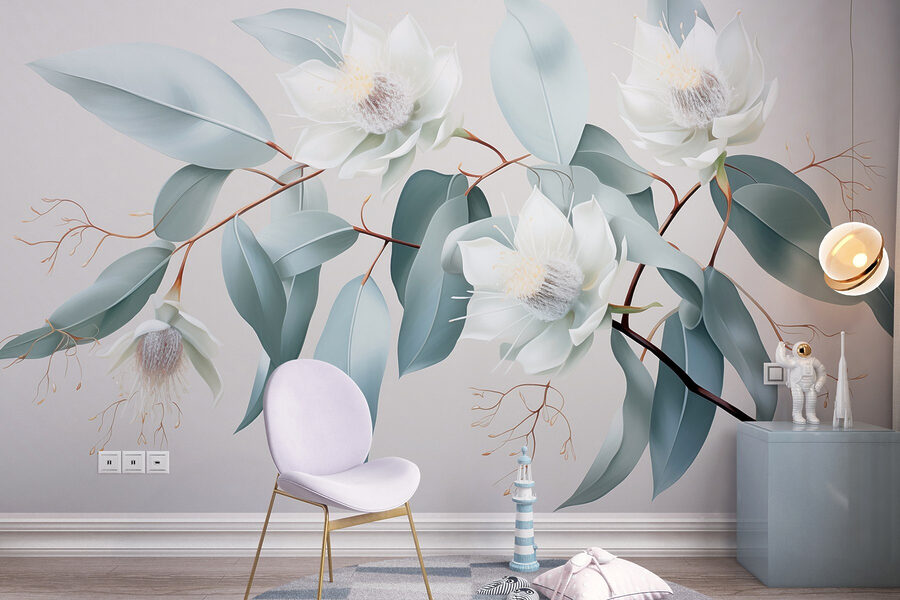 Flores e folhas brancas num ramo