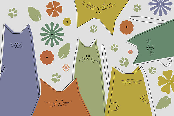 Grupo de gatos com flores e folhas Grupo de gatos com flores e folhas