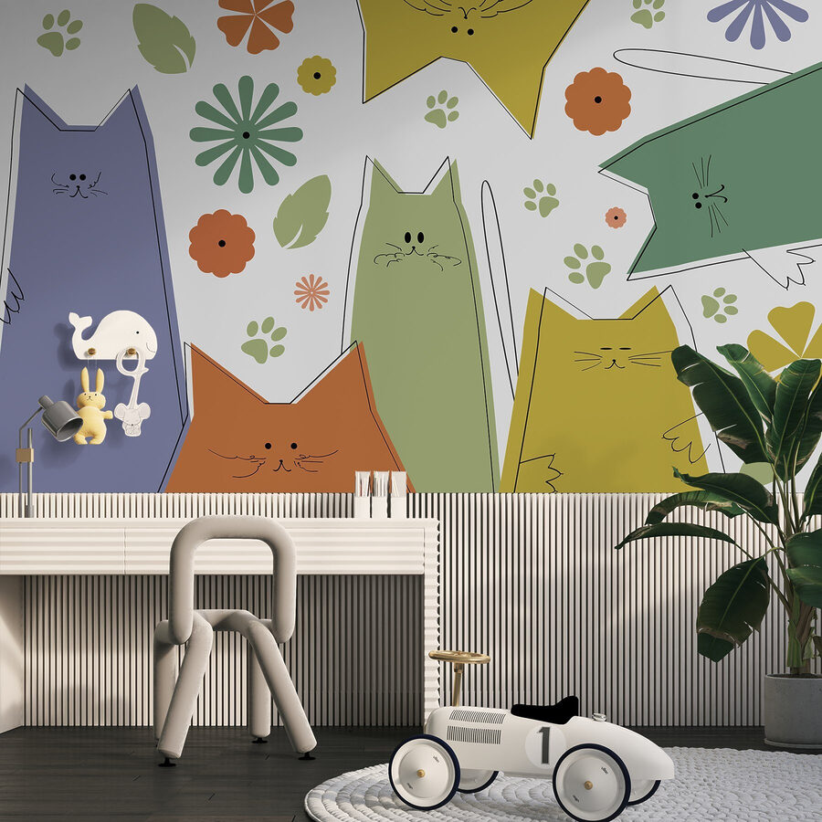 Grupo de gatos com flores e folhas