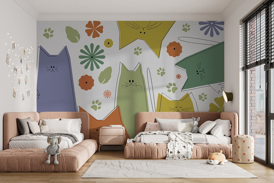 Grupo de gatos com flores e folhas