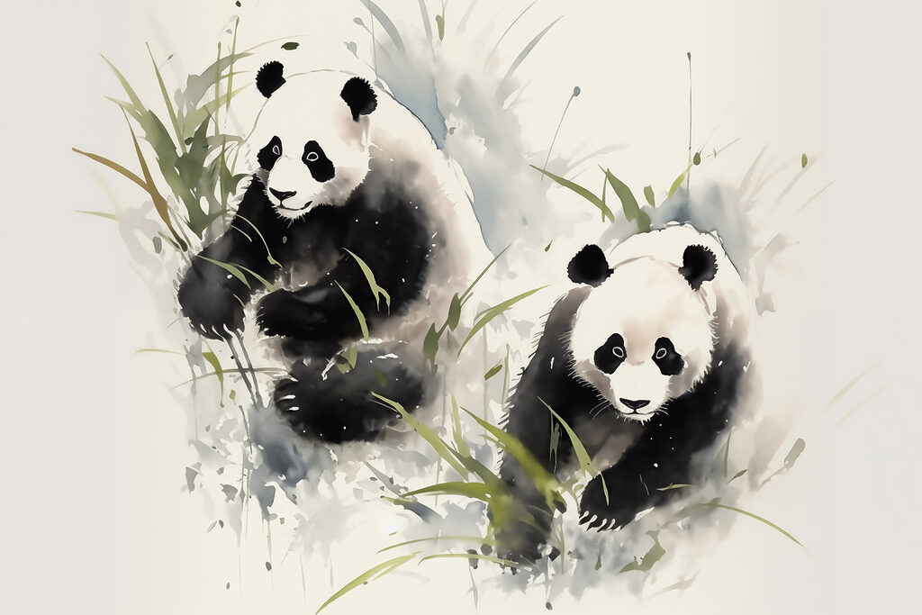 Um casal de pandas na relva Um casal de pandas na relva