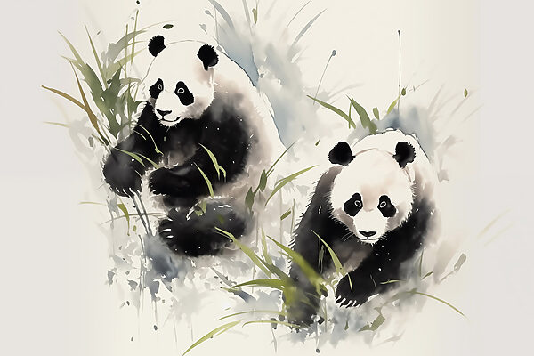 Um casal de pandas na relva Um casal de pandas na relva