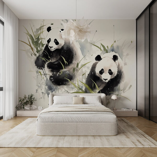 Um casal de pandas na relva Um casal de pandas na relva