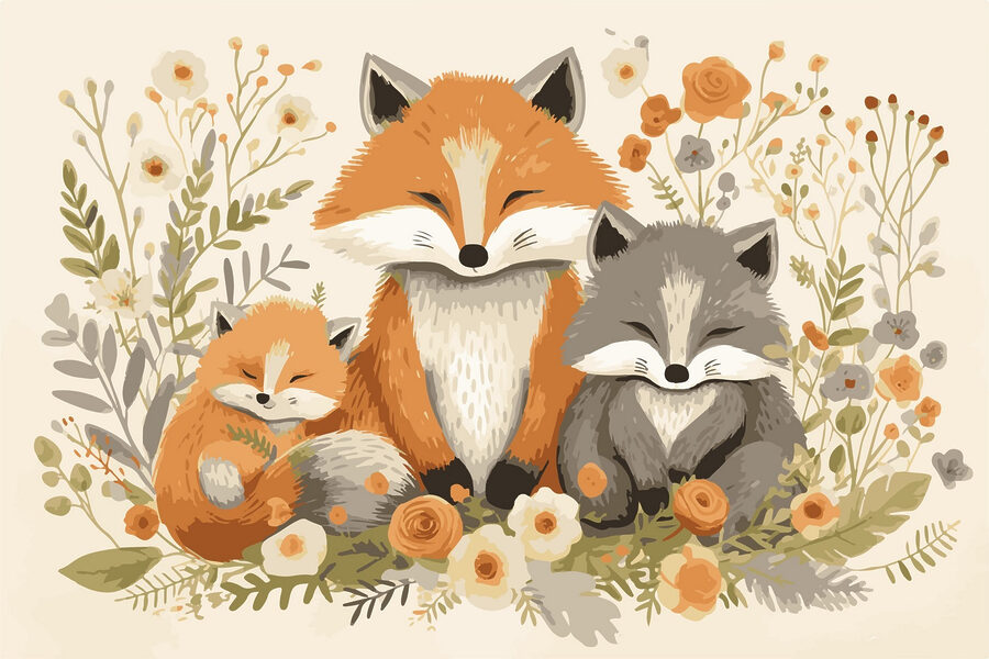 Raposa e raposa bebé sentadas nas flores