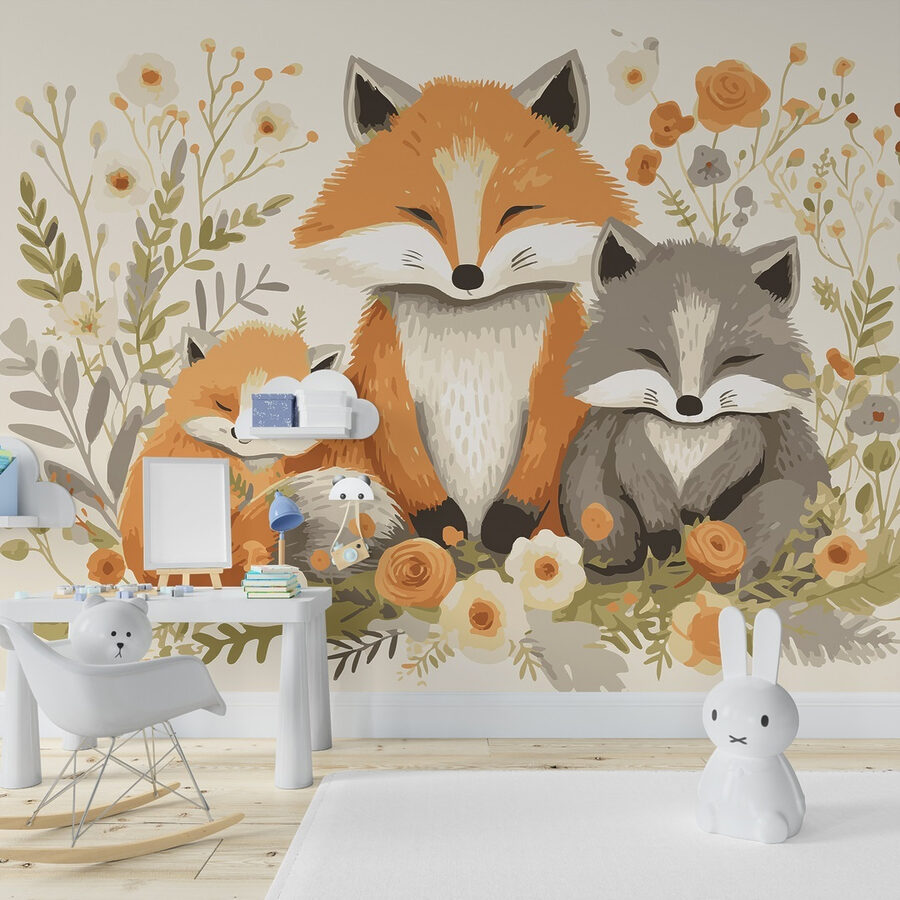 Raposa e raposa bebé sentadas nas flores
