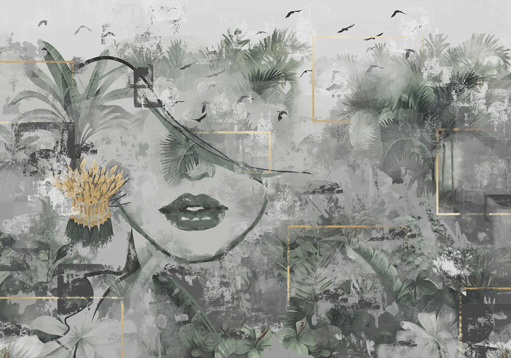 Pintura de um rosto de mulher e de plantas Pintura de um rosto de mulher e de plantas