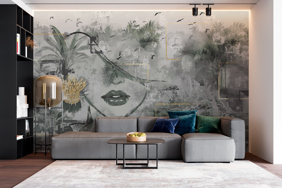 Pintura de um rosto de mulher e de plantas