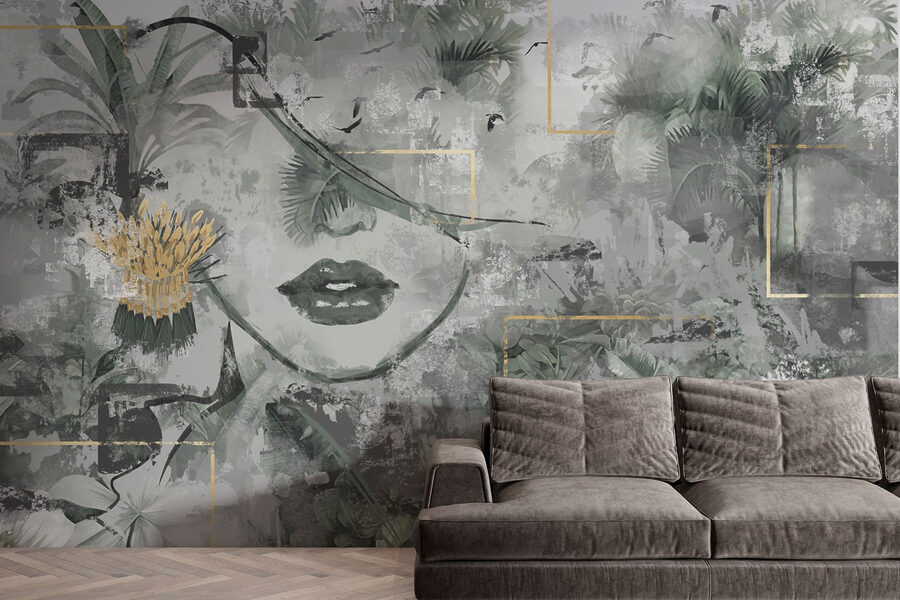 Pintura de um rosto de mulher e de plantas