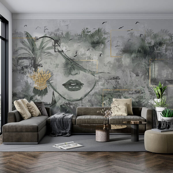 Pintura de um rosto de mulher e de plantas Pintura de um rosto de mulher e de plantas