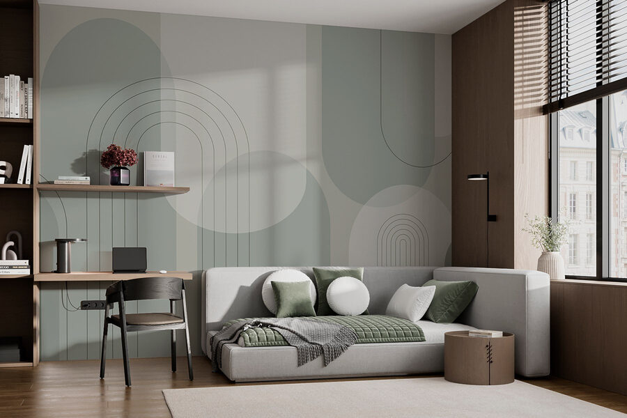 Fundo cinzento e branco com linhas e círculos