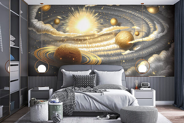 Papel de parede Papel de parede Planeta com anéis e estrelas no céu (REF: w01967)