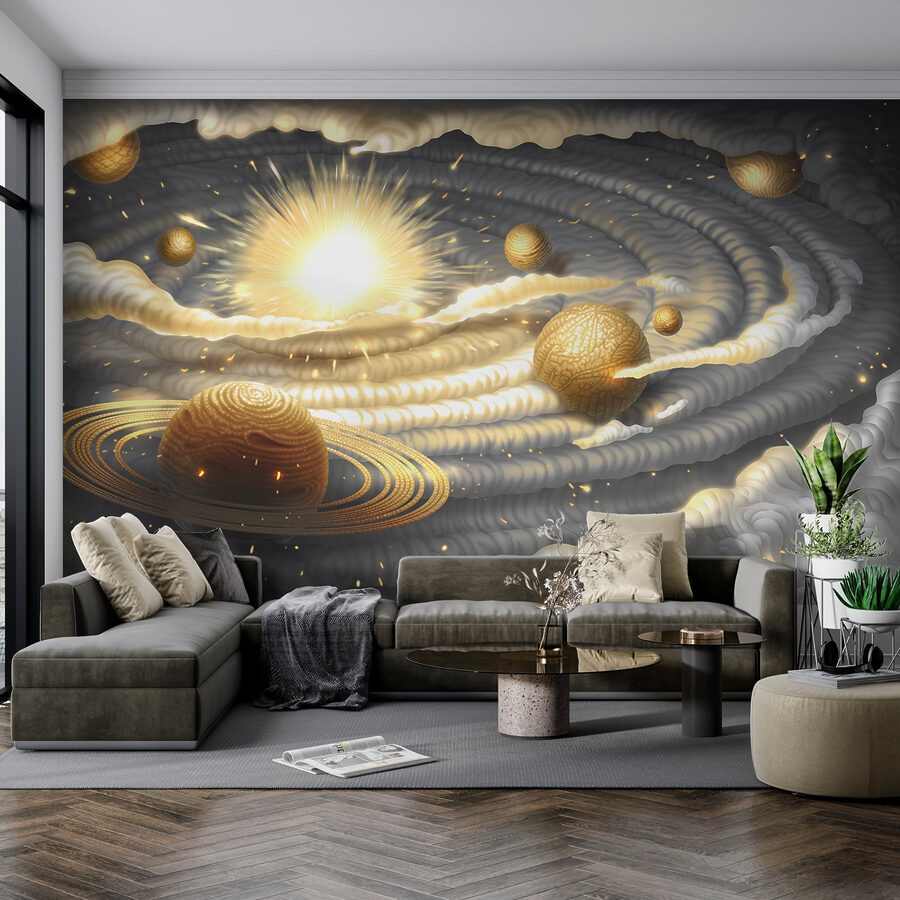 Planeta com anéis e estrelas no céu