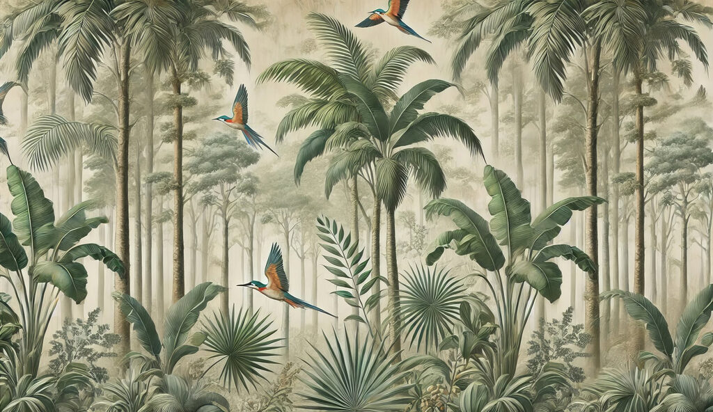 Mural de pássaros a voar sobre uma floresta Mural de pássaros a voar sobre uma floresta