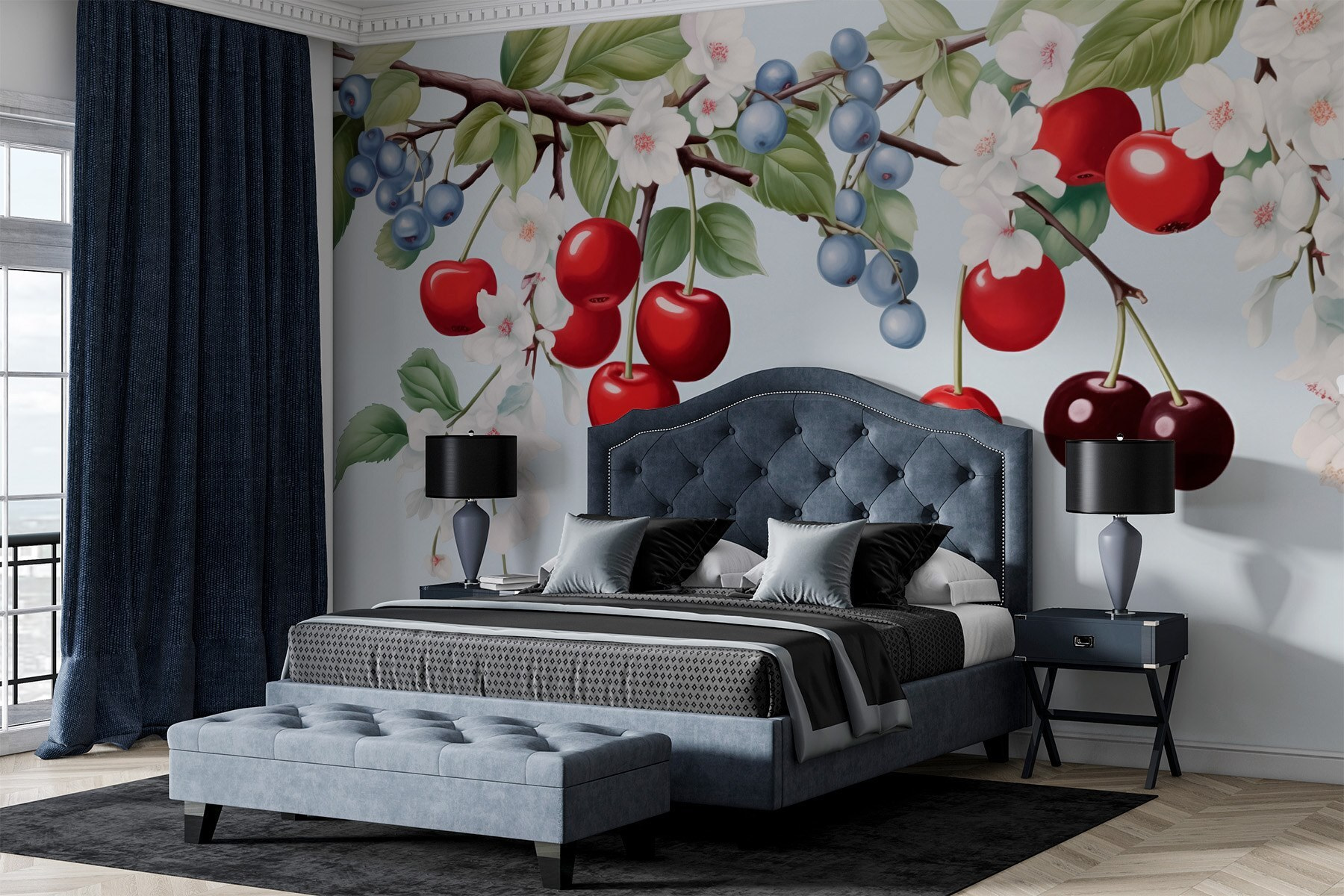 Cherry and blueberry on a branch