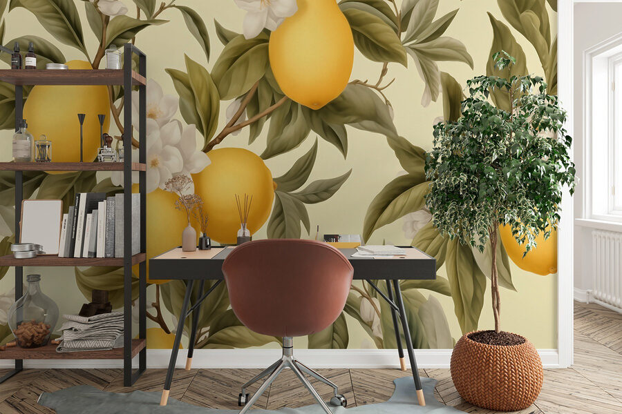 Papel de parede com limões e flores