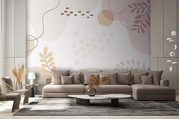 Fundo branco com folhas e círculos cor-de-rosa e cor de laranja Fundo branco com folhas e círculos cor-de-rosa e cor de laranja