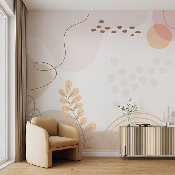 Fundo branco com folhas e círculos cor-de-rosa e cor de laranja Fundo branco com folhas e círculos cor-de-rosa e cor de laranja