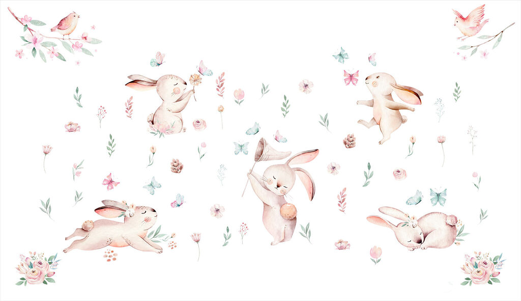 Grupo de coelhos com flores e borboletas Grupo de coelhos com flores e borboletas