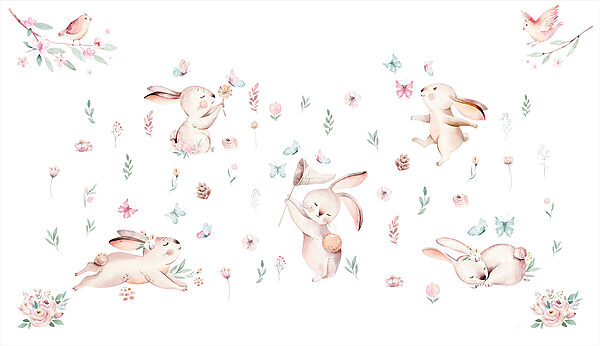Grupo de coelhos com flores e borboletas Grupo de coelhos com flores e borboletas