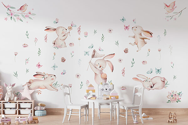Grupo de coelhos com flores e borboletas Grupo de coelhos com flores e borboletas
