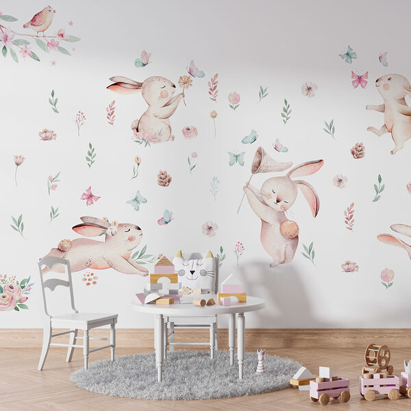 Grupo de coelhos com flores e borboletas Grupo de coelhos com flores e borboletas