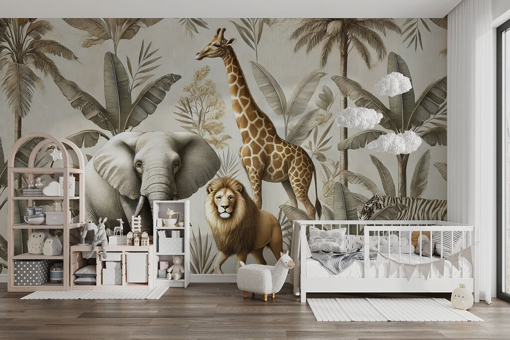 Wallpaper with animals and plants