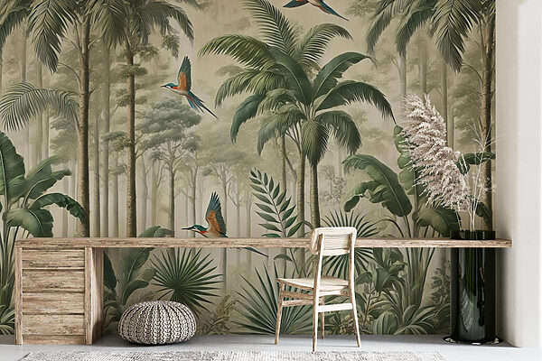 Mural de pássaros a voar sobre uma floresta Mural de pássaros a voar sobre uma floresta