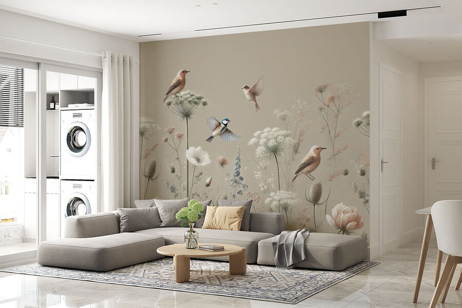 Pássaros em flores e plantas