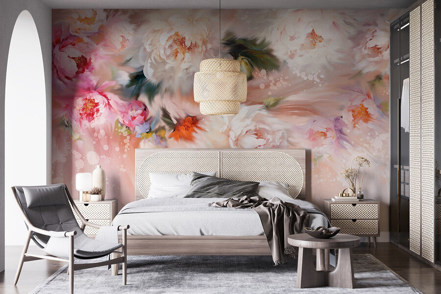 Pintura de flores sobre um fundo cor-de-rosa