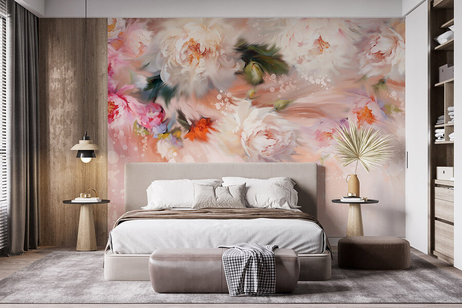 Pintura de flores sobre um fundo cor-de-rosa