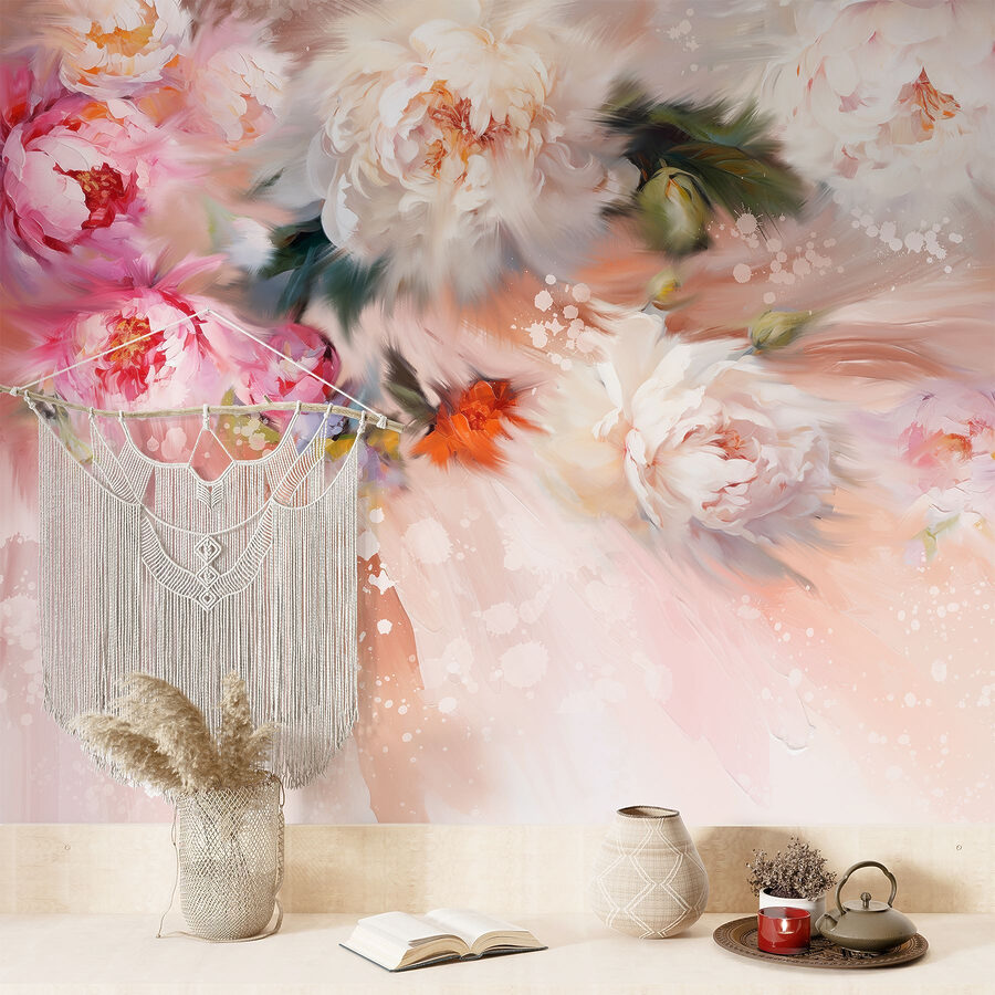 Pintura de flores sobre um fundo cor-de-rosa