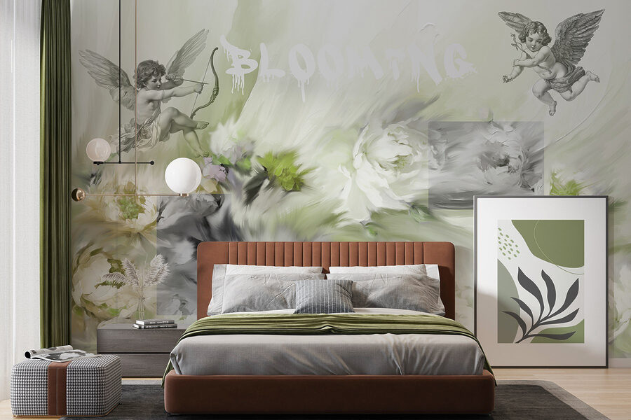 Papel de parede Pintura de anjos com um arco e flecha sobre flores