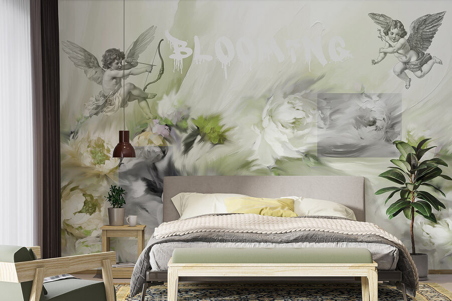 Papel de parede Pintura de anjos com um arco e flecha sobre flores - Image 2