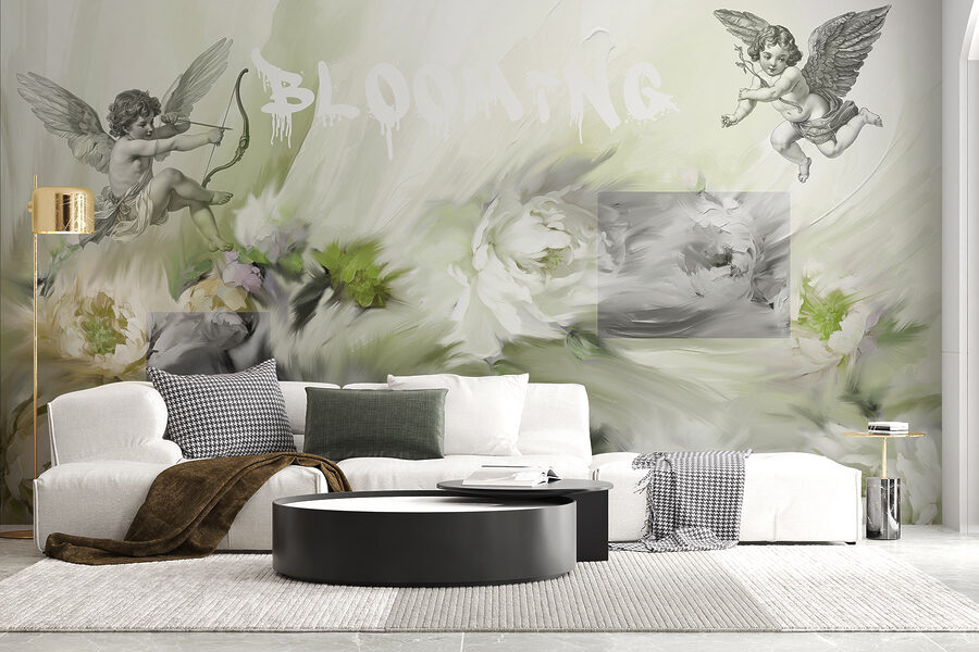 Papel de parede Pintura de anjos com um arco e flecha sobre flores - Image 4