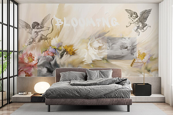 Pintura de anjos com um arco e flecha a disparar flores Pintura de anjos com um arco e flecha a disparar flores