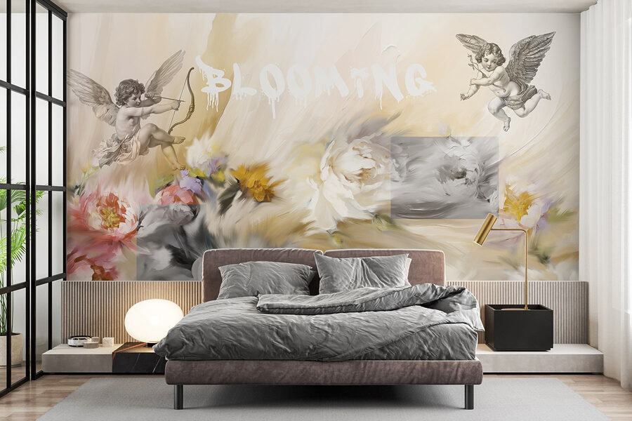 Pintura de anjos com um arco e flecha a disparar flores Pintura de anjos com um arco e flecha a disparar flores